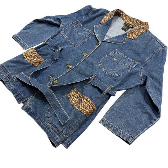 Ivana Trump Denim Jacket Womens 1X Blue Leopard Trimmed Belted Button Front - Picture 2 of 9